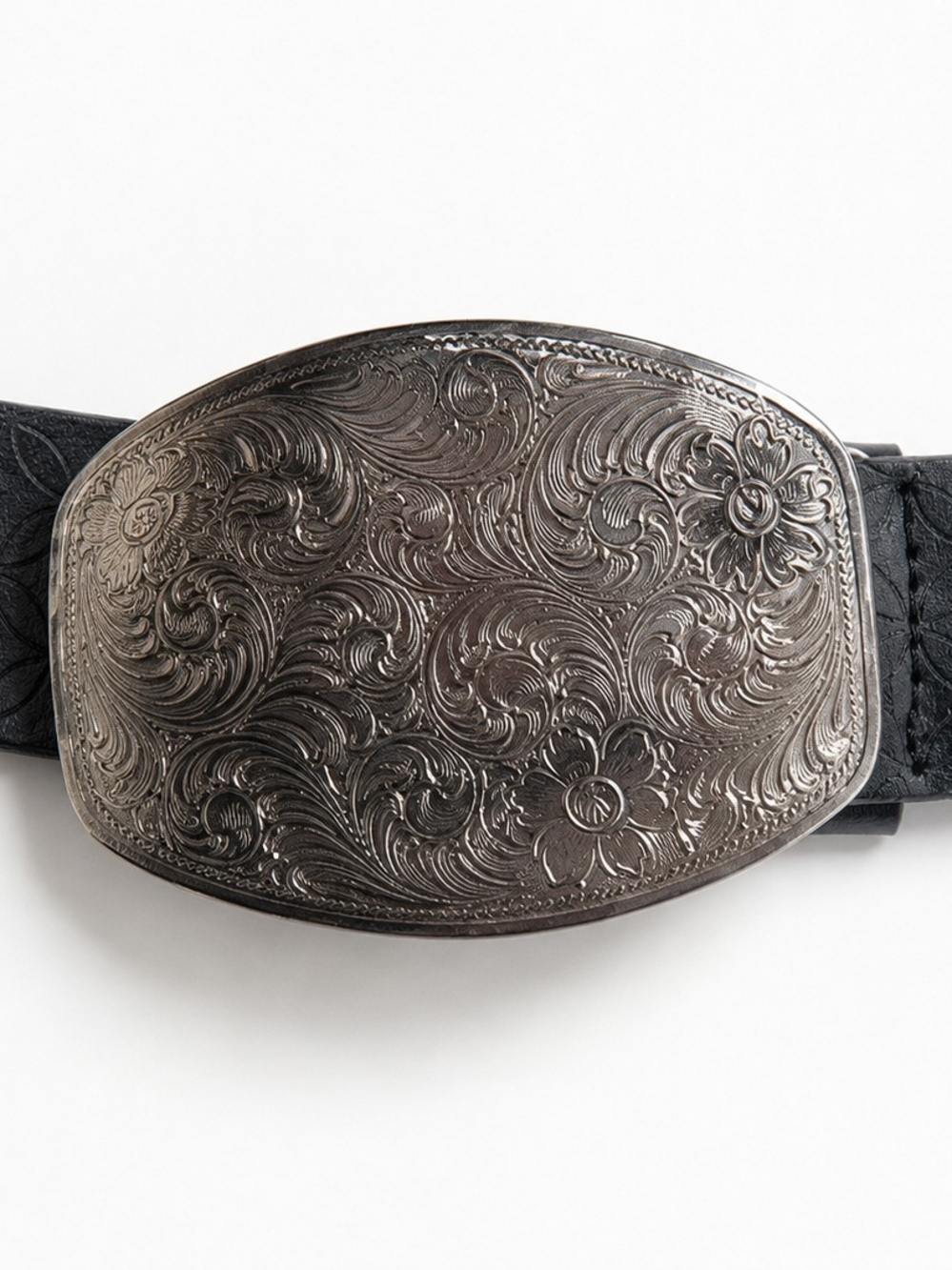 Justin Boots Black Leather Belt with Engraved Floral Silver Buckle - Picture 1 of 11
